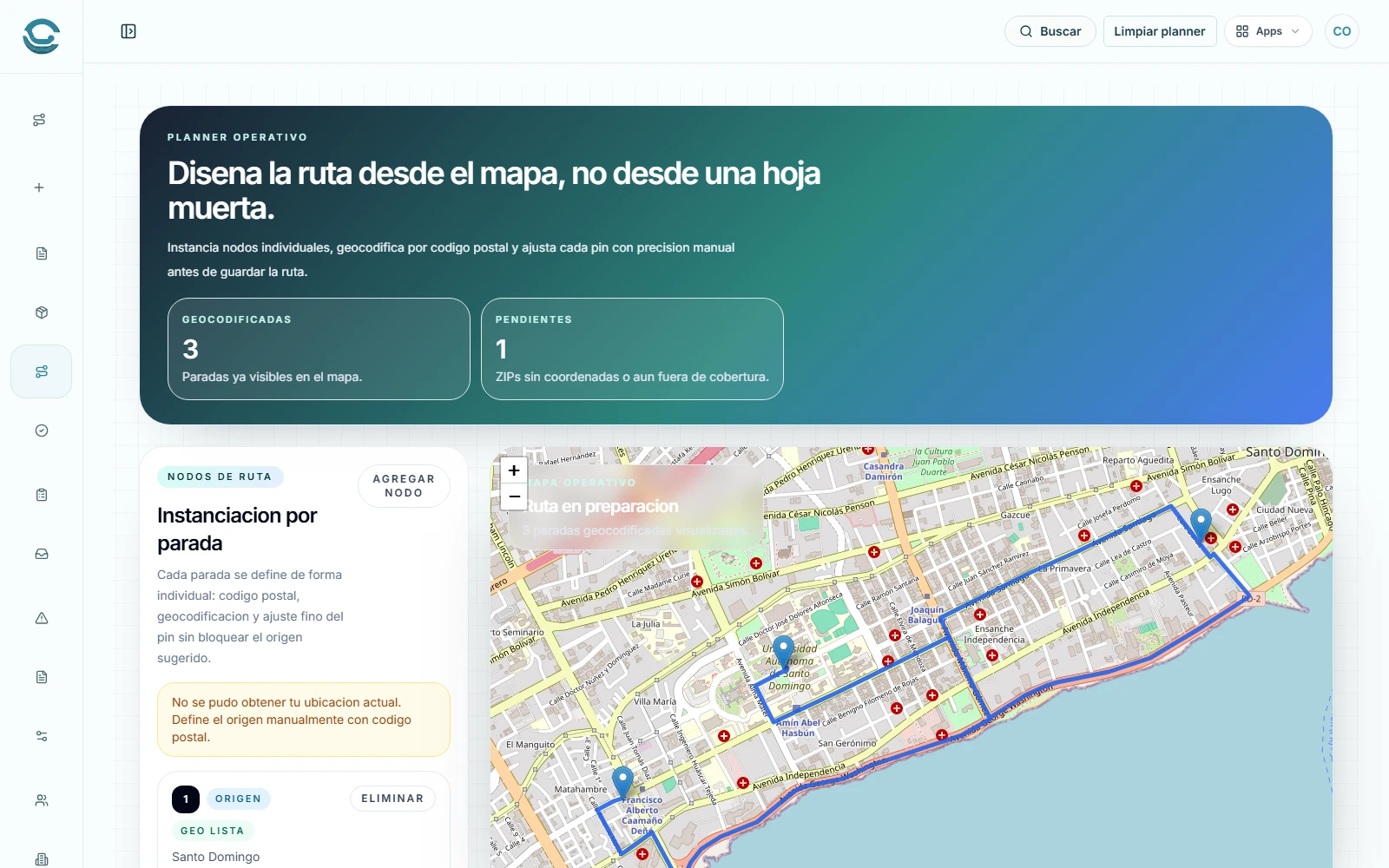 Vista real de Comodo Route con mapa de despachos, paradas y envíos en curso