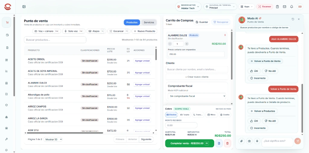 Vista real del panel de Modo AI integrado en Comodo POS con navegación y carrito activo